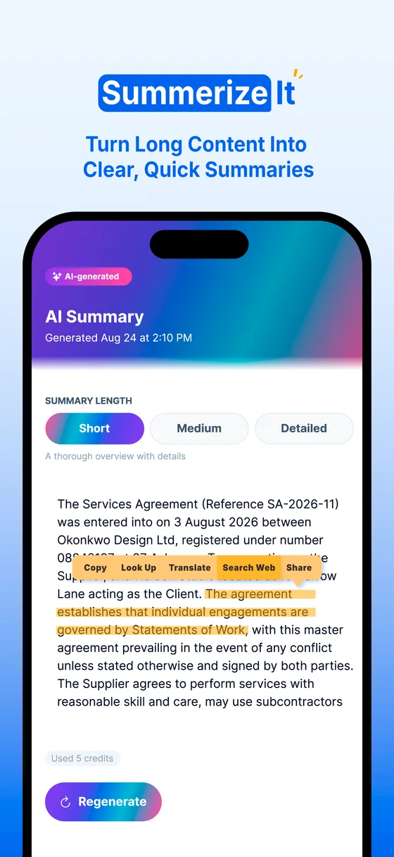 Summarize it. Turn long content into clear, quick summaries.
